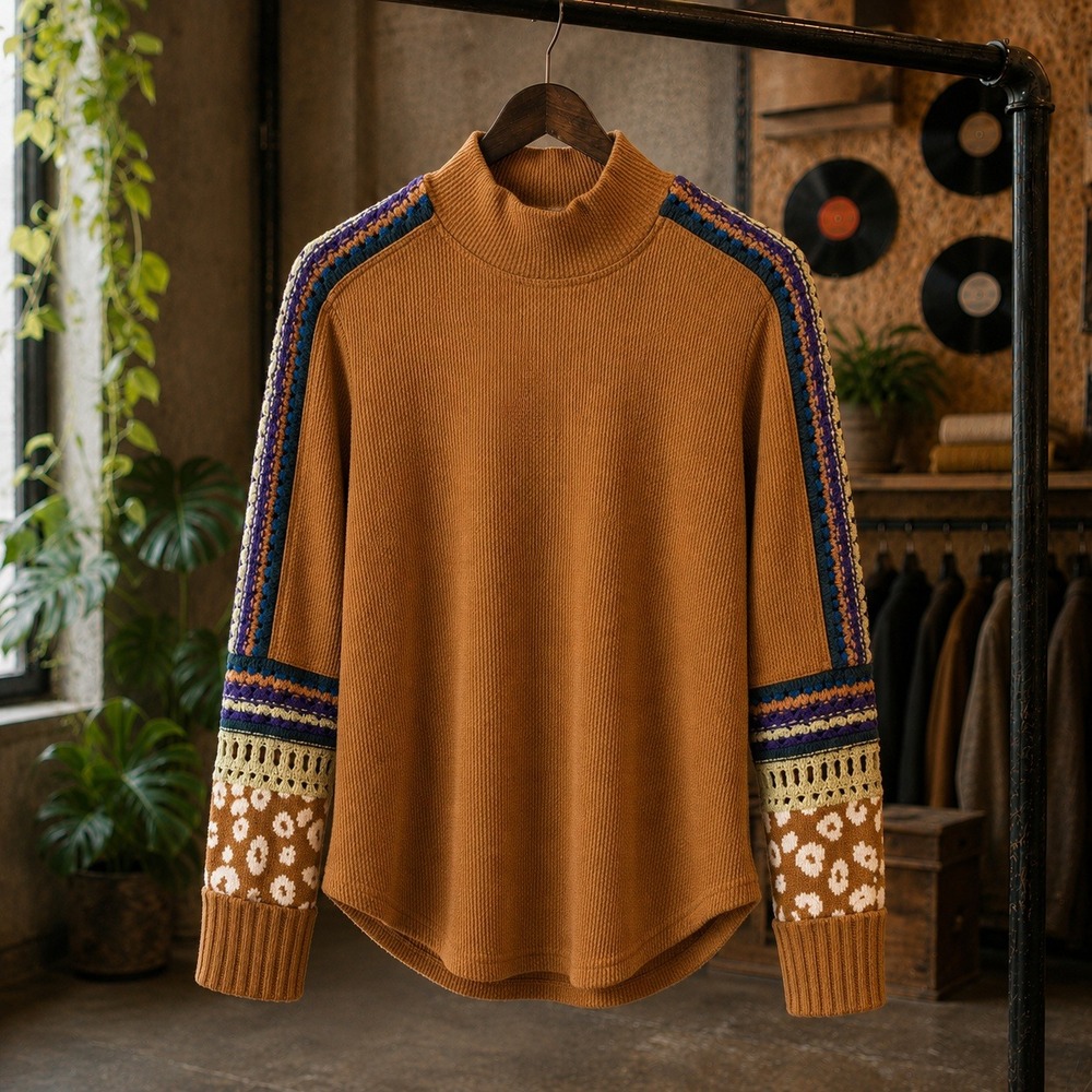 Free People Brown Waffle Knit Mock Neck Top Boho Crochet Leopard Cuff XS